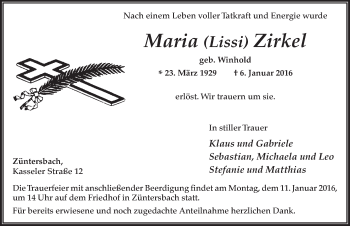 Traueranzeige von Maria Zirkel 