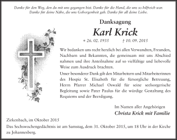 Traueranzeige von Karl Krick 