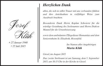 Traueranzeige von Josef Klüh 