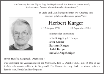 Traueranzeige von Herbert Karger 