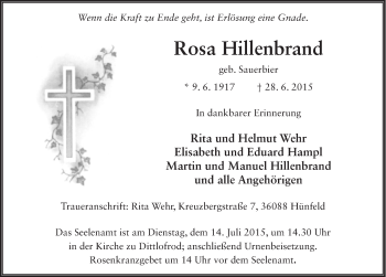 Traueranzeige von Rosa Hillenbrand 