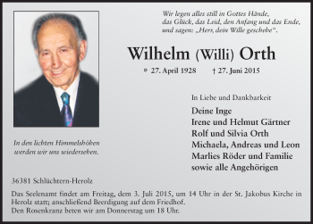 Traueranzeige von Wilhelm Orth 