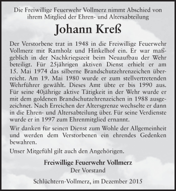 Traueranzeige von Johann Kreß 
