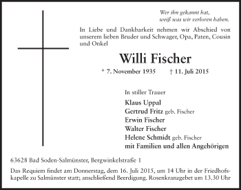 Traueranzeige von Willi Fischer 