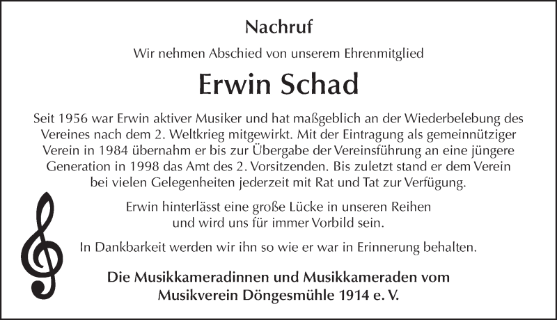  Traueranzeige für Erwin Schad vom 10.12.2015 aus 