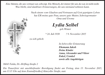 Traueranzeige von Lydia Seibel 