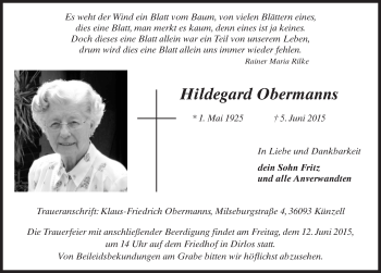 Traueranzeige von Hildegard Obermanns 