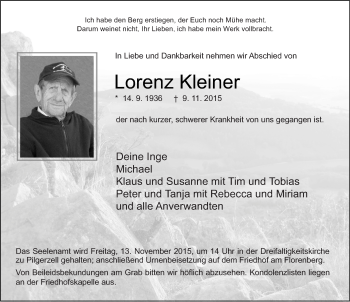 Traueranzeige von Lorenz Kleiner 