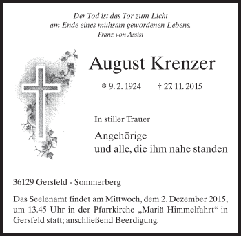Traueranzeige von August Krenzer 