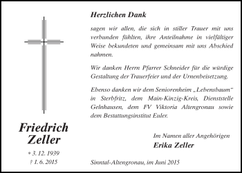 Traueranzeige von Friedrich Zeller 