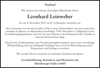Traueranzeige von Leonhard Leinweber 