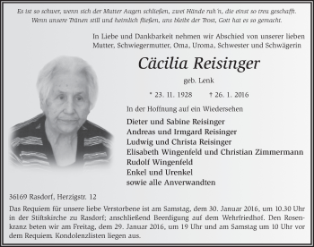Traueranzeige von Cäcilia Reisinger 