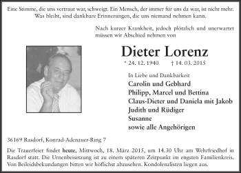 Traueranzeige von Dieter Lorenz 