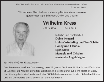 Traueranzeige von Wilhelm Kress 