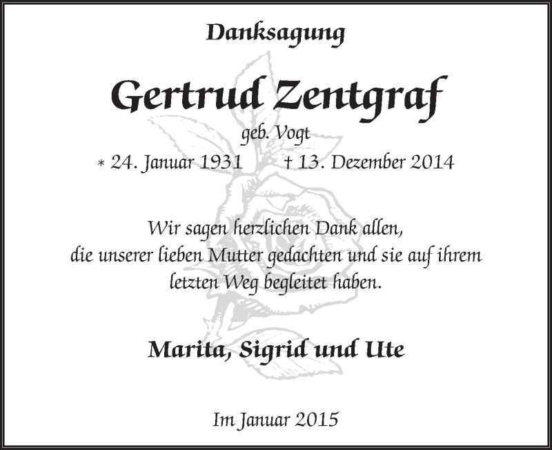  Traueranzeige für Gertrud Zentgraf vom 24.01.2015 aus 