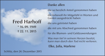 Traueranzeige von Fred Harhoff 