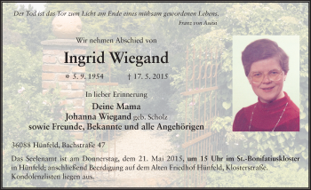 Traueranzeige von Ingrid Wiegand 