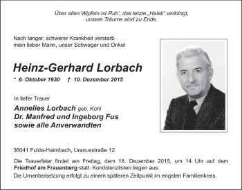 Traueranzeige von Heinz-Gerhard Lorbach 