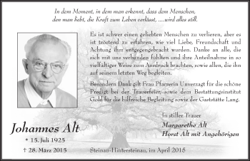 Traueranzeige von Johannes Alt 