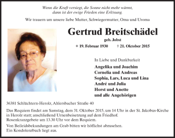 Traueranzeige von Gertrud Breitschädel 