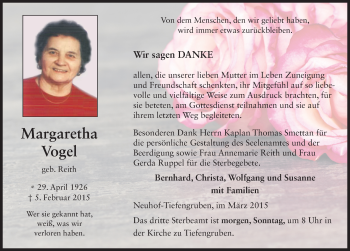 Traueranzeige von Margaretha Vogel 
