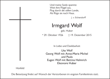 Traueranzeige von Irmgard Wolf 