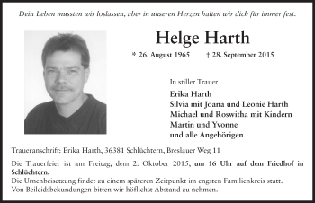 Traueranzeige von Helge Harth 