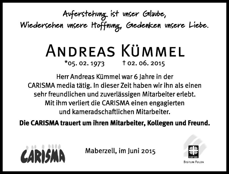  Traueranzeige für Andreas Kümmel vom 18.06.2015 aus 
