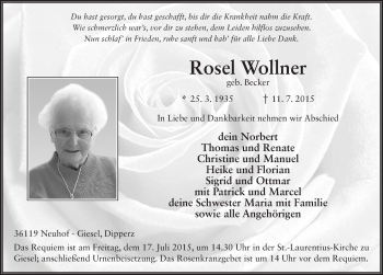 Traueranzeige von Rosel Wollner 