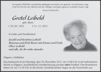 Traueranzeige von Gretel Leibold 