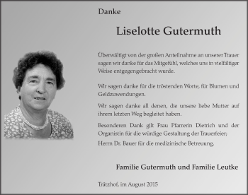 Traueranzeige von Lieselotte Gutermuth 