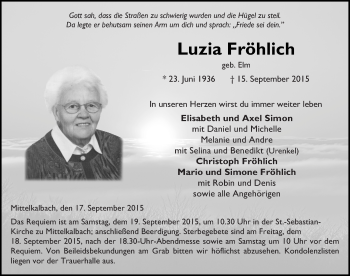 Traueranzeige von Luzia Fröhlich 