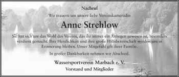Traueranzeige von Annemarie Strehlow 