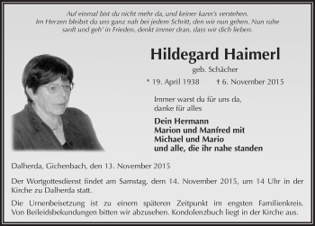 Traueranzeige von Hildegard Haimerl 