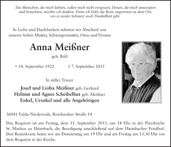 Traueranzeige von Anna Meißner 