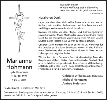 Traueranzeige von Marianne Hohmann 