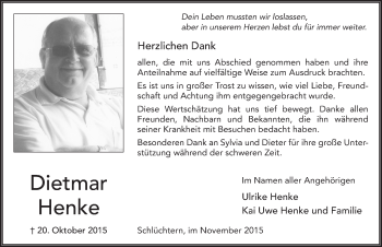 Traueranzeige von Dietmar Henke 