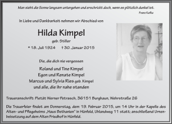 Traueranzeige von Hilda Kimpel 