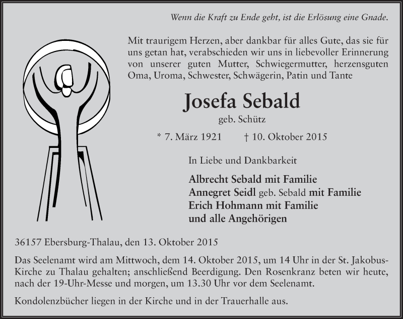  Traueranzeige für Josefa Sebald vom 13.10.2015 aus 