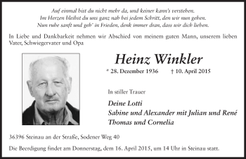 Traueranzeige von Heinz Winkler 