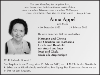 Traueranzeige von Anna Appel 
