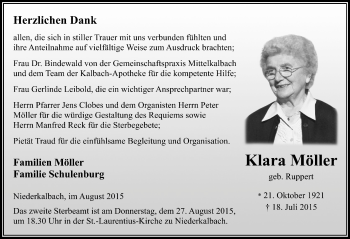 Traueranzeige von Klara Möller 