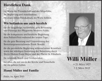 Traueranzeige von Willi Müller 