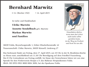 Traueranzeige von Bernhard Marwitz 