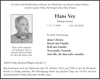 Traueranzeige von Hans Vey 