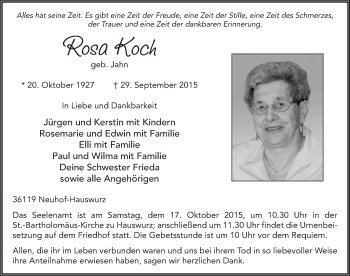 Traueranzeige von Rosa Koch 