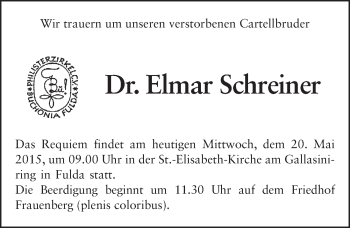 Traueranzeige von Elmar Aloysius Schreiner 