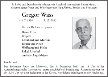 Traueranzeige von Gregor Wäss 