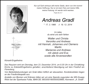 Traueranzeige von Andreas Gradl 