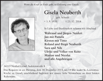 Traueranzeige von Gisela Neuberth 